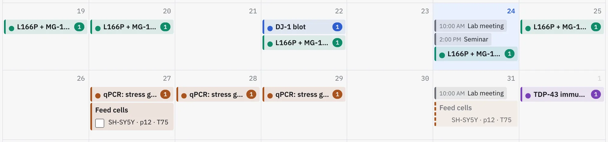 Two weeks of the calendar: experiment steps, a lab meeting and a seminar on the same day, and feeding reminders for a flask of cells.