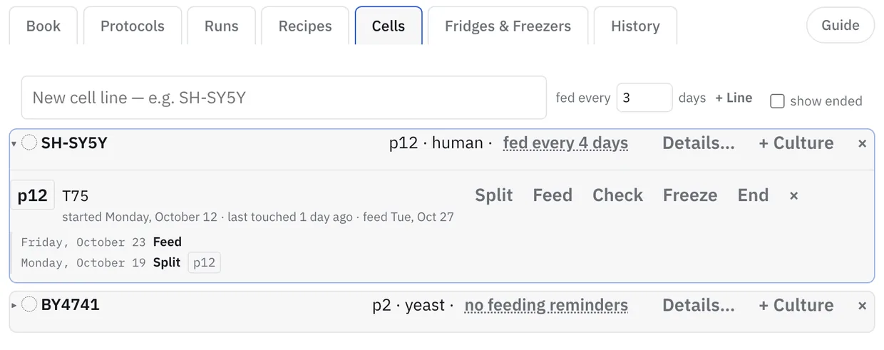 Cells: a human line fed every four days, its flask at passage 12, and a yeast strain.