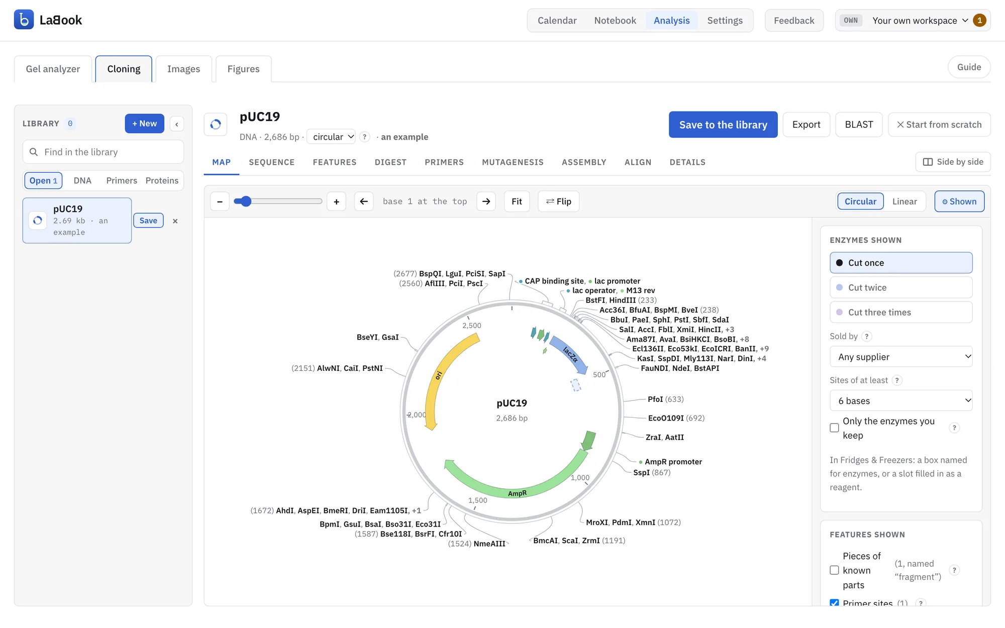 The Cloning tool: a circular plasmid map with its features and every enzyme that cuts it once.